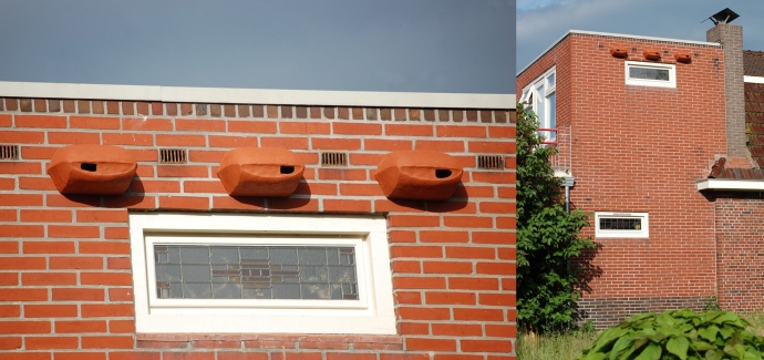 gierzwaluwpotten aan een gevel in Groningen